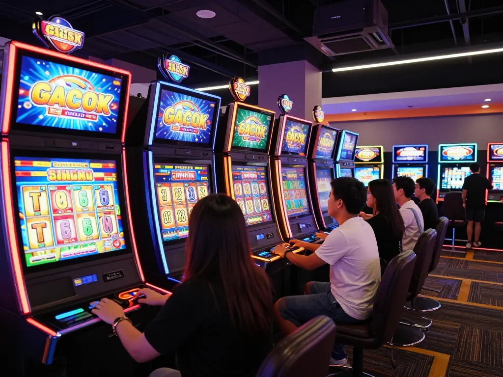 Players enjoying Slot Gacor machines in a vibrant online casino atmosphere, showcasing excitement and engagement.