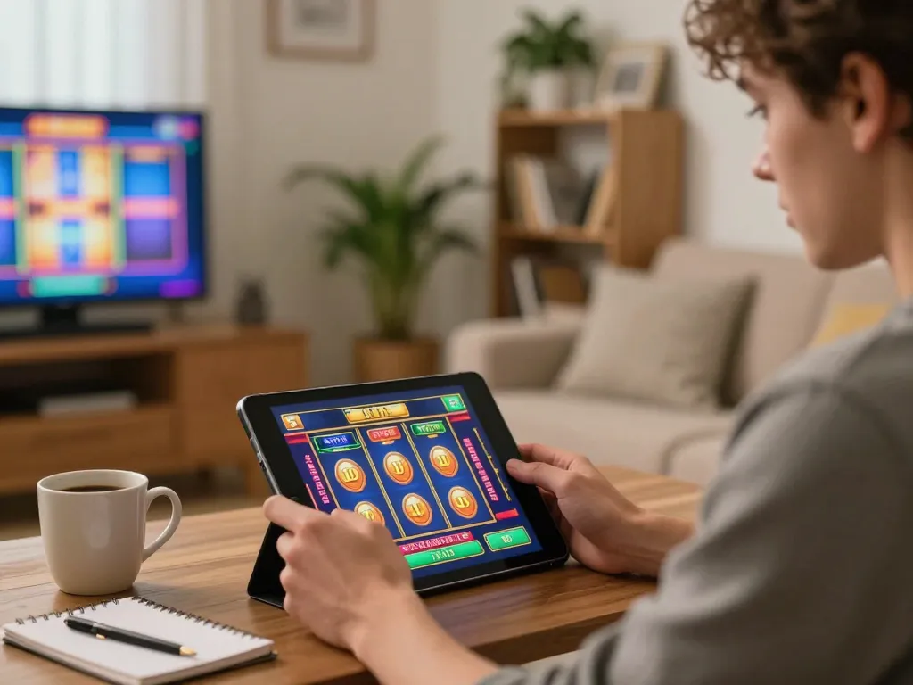 Engaging with luck8l slot games on a tablet in a cozy home setting