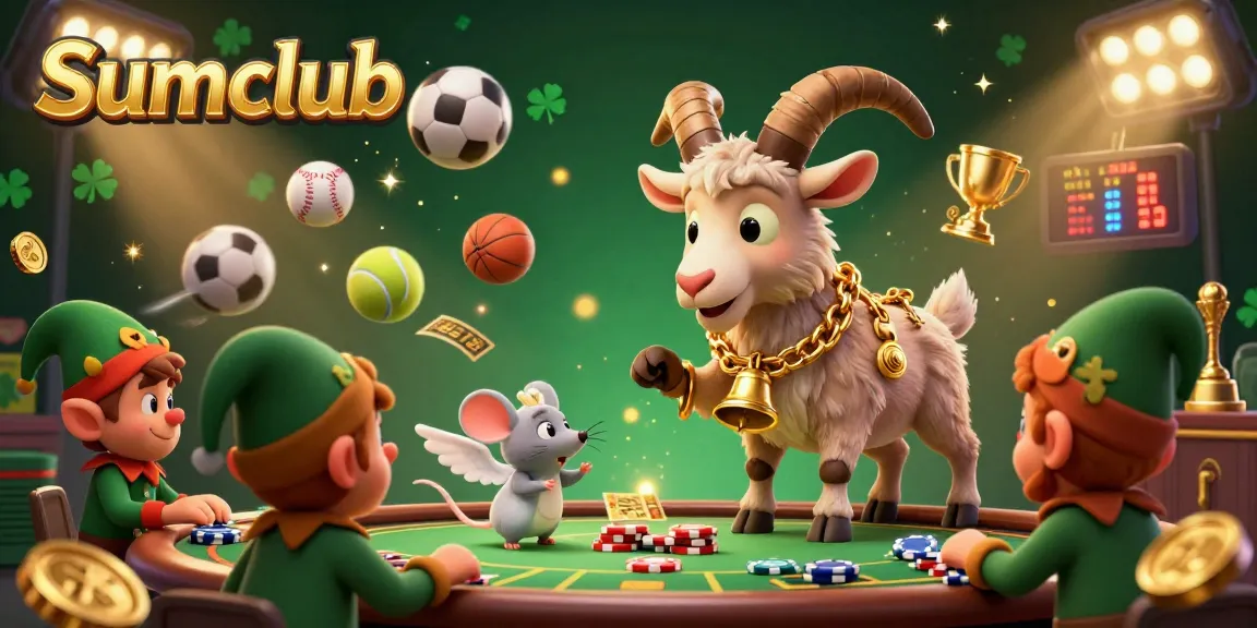 Experience gaming excitement with Sumclub featuring a lively casino scene with festive characters and dynamic elements.