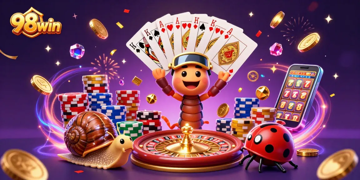 Experience the excitement of 98win with a cartoon dealer and animated casino elements.