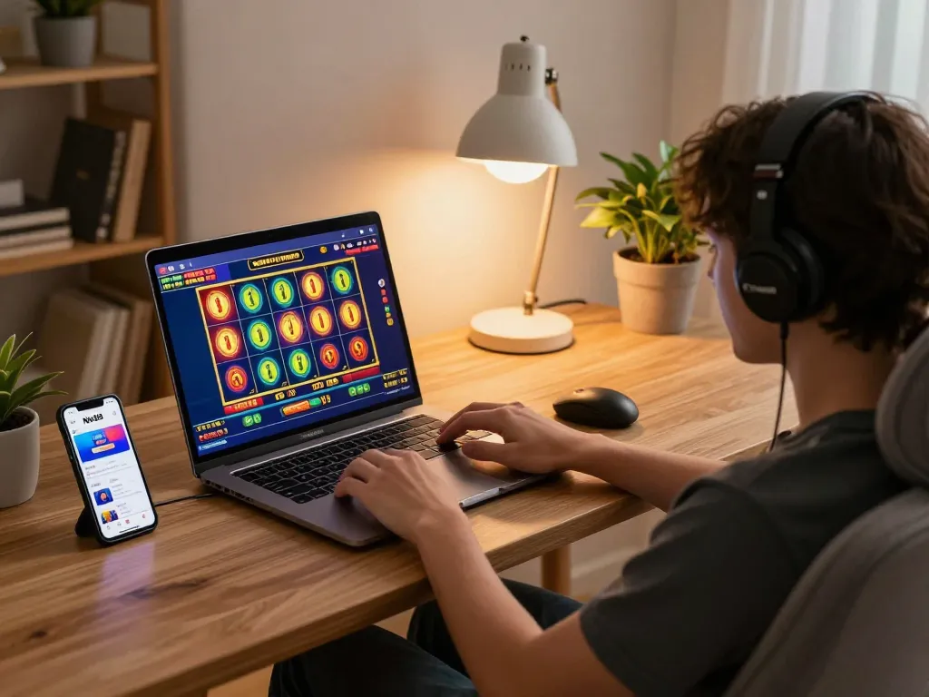 Engaging in Net88 online casino gameplay on a stylish laptop, with vibrant slot game graphics in a cozy atmosphere.