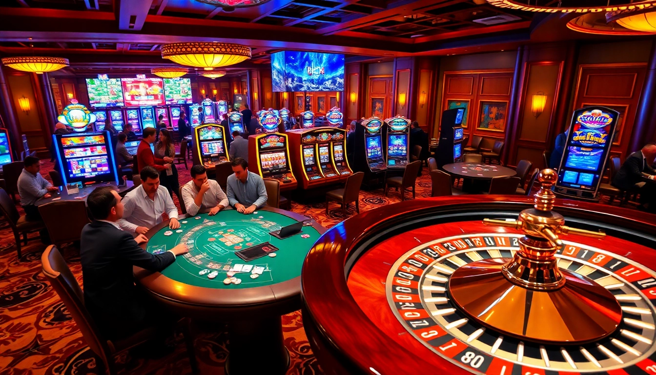 Players engaging at a roulette table in the prestigious 88XX casino, surrounded by vibrant slot machines.