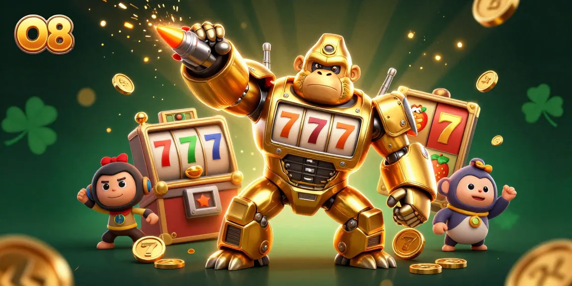 Experience thrilling slot action with O8's golden gorilla mech and dynamic game elements.