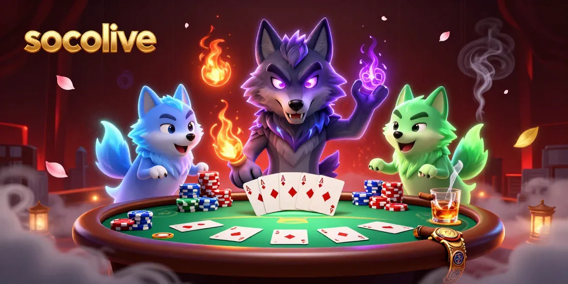 Socolive offers intense poker gaming with a vibrant scene of mystical wolf leaders and dynamic card elements.