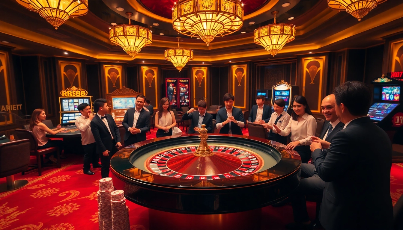 RR88 roulette table in an elegant casino scene, filled with vibrant poker chips and excited players.