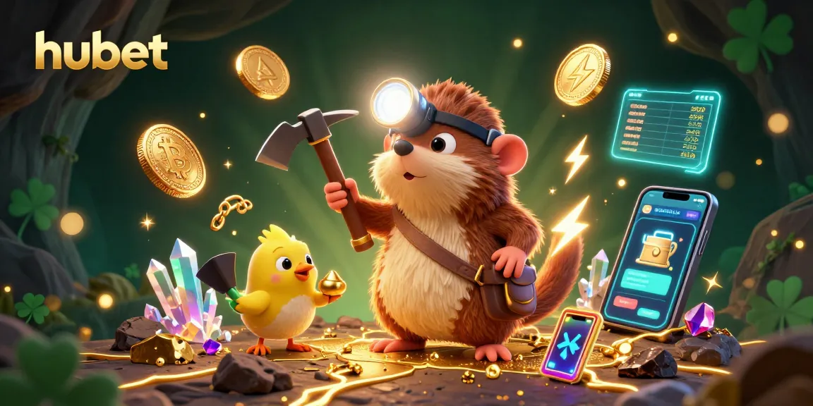 Experience the excitement at hubet with the treasure hunting mole amid sparkling crypto casino elements.