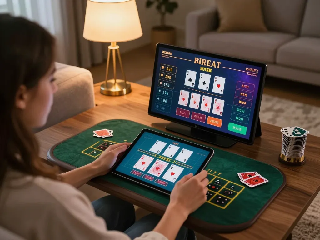 Engaging in u888 online blackjack on a tablet in a cozy home setting with stylish decor.