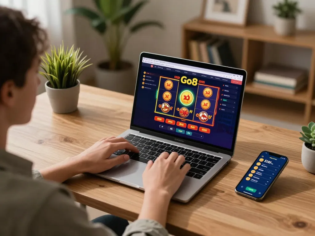 Engaged player enjoying Go8 online casino experience with a laptop and smartphone setup