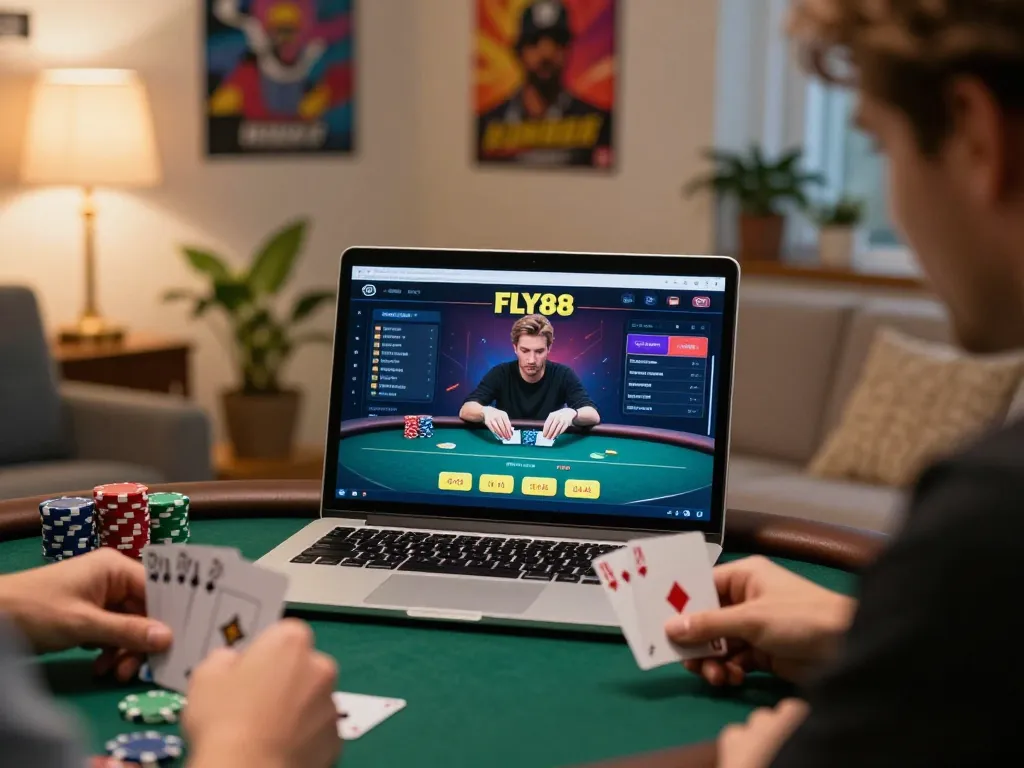 Player analyzing cards in an online FLY88 poker game at home with focused strategy.