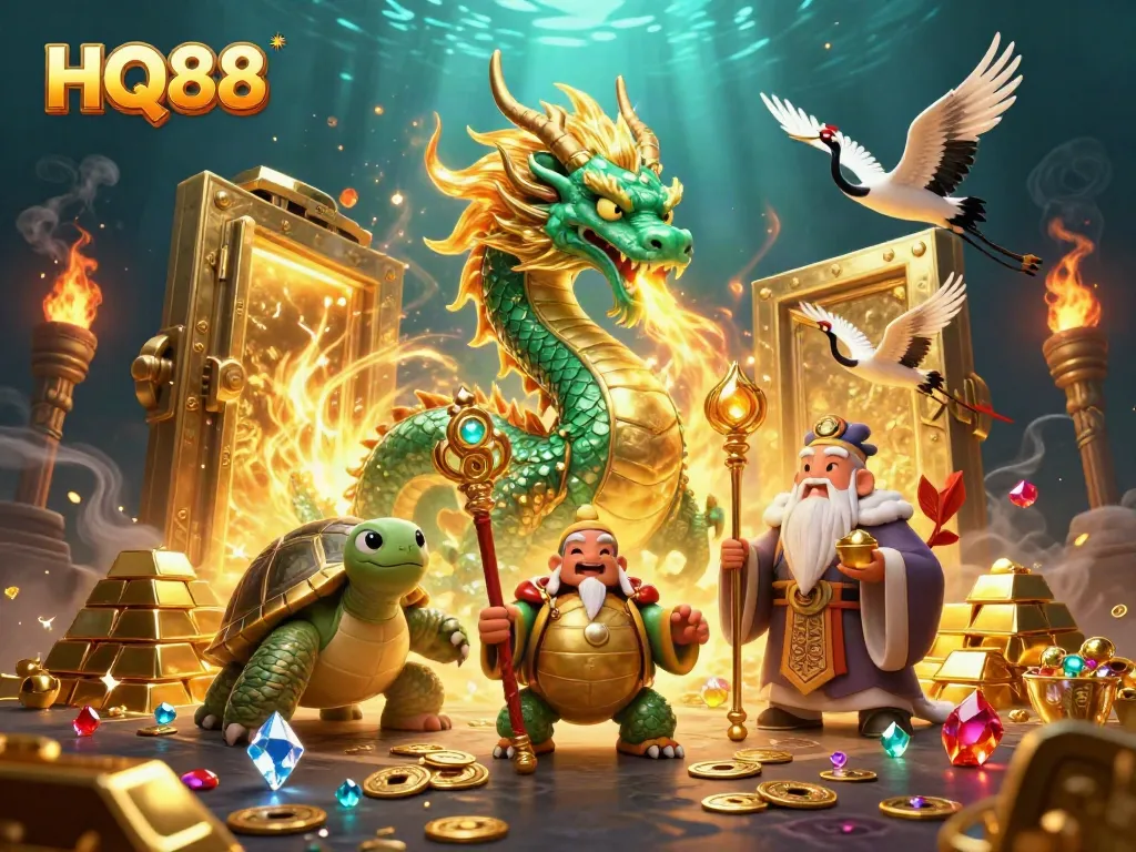 Engage with HQ88's vibrant casino world, featuring a jade dragon and treasures amidst dynamic elements.
