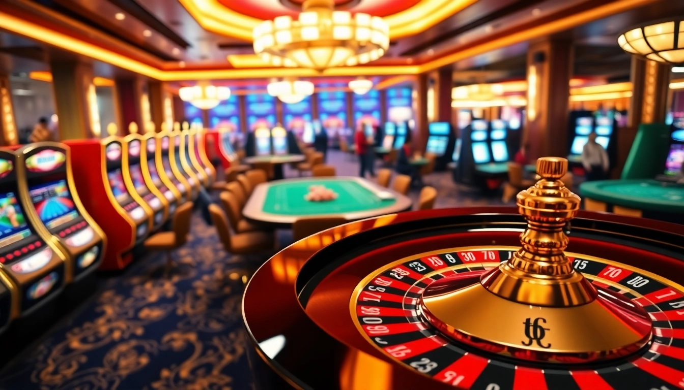 Engaging players in a tg88 casino scene with slot machines and roulette wheel excitement.