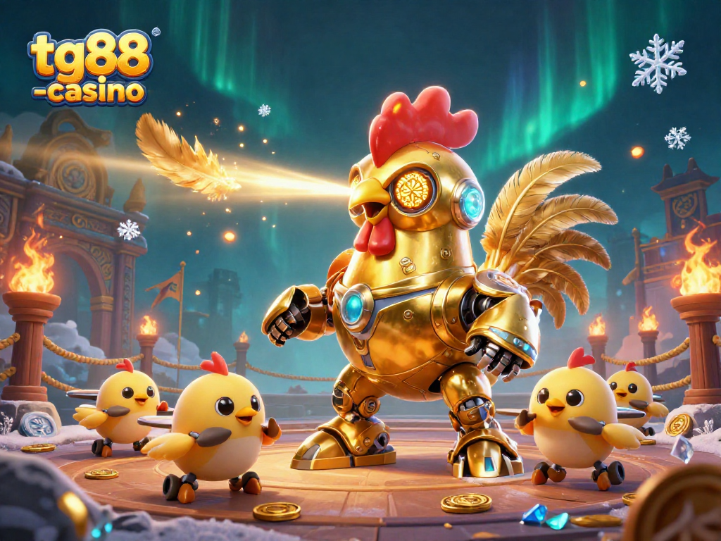 Experience thrilling action at tg88 -casino with a retro-futuristic golden rooster robot and dynamic baby chick drones.
