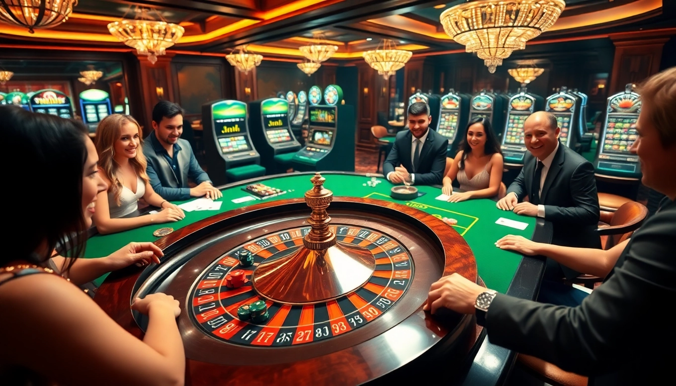 W188 players joyfully placing bets at a luxurious roulette table in a vibrant casino.