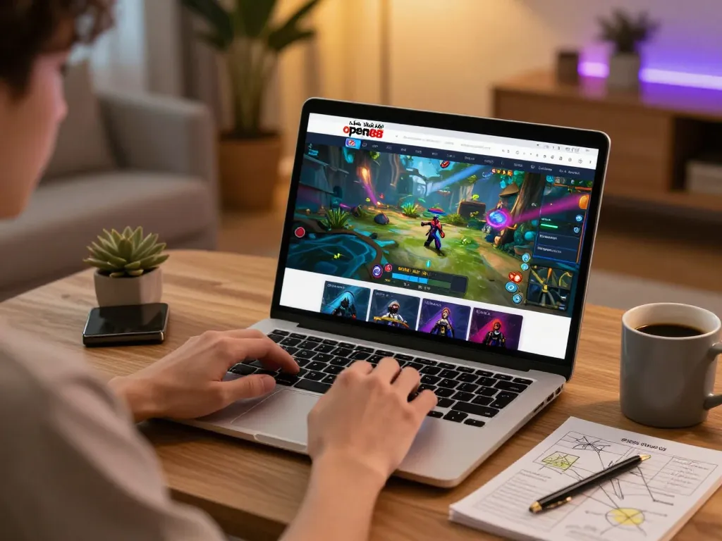 Engaging user enjoying online gaming experience with nhà cái open88 on laptop in a cozy environment.