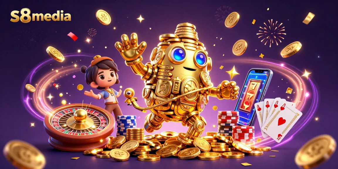Win big with exciting games at s8media, featuring vibrant 3D illustration of a golden golem and glamorous casino elements.