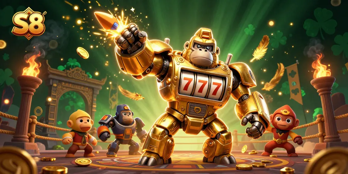 Experience thrilling moments at S8 with a vibrant golden gorilla mech in an energetic gambling scene.