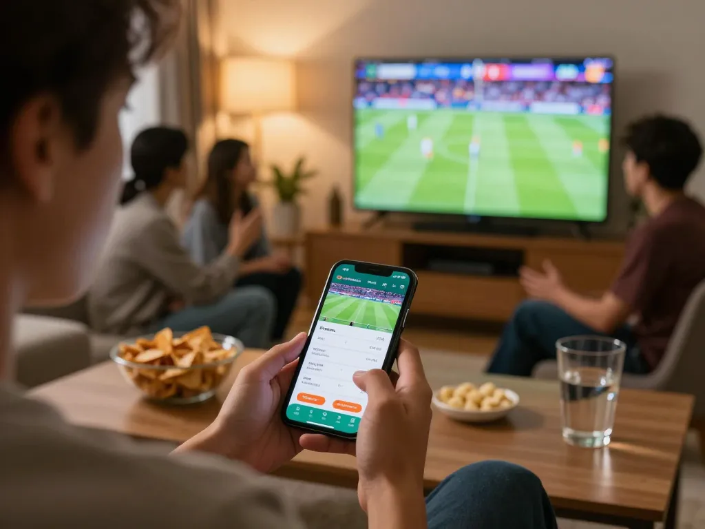 Engaging in sports betting on https://9bet.works/ in a cozy living room during an exciting match.
