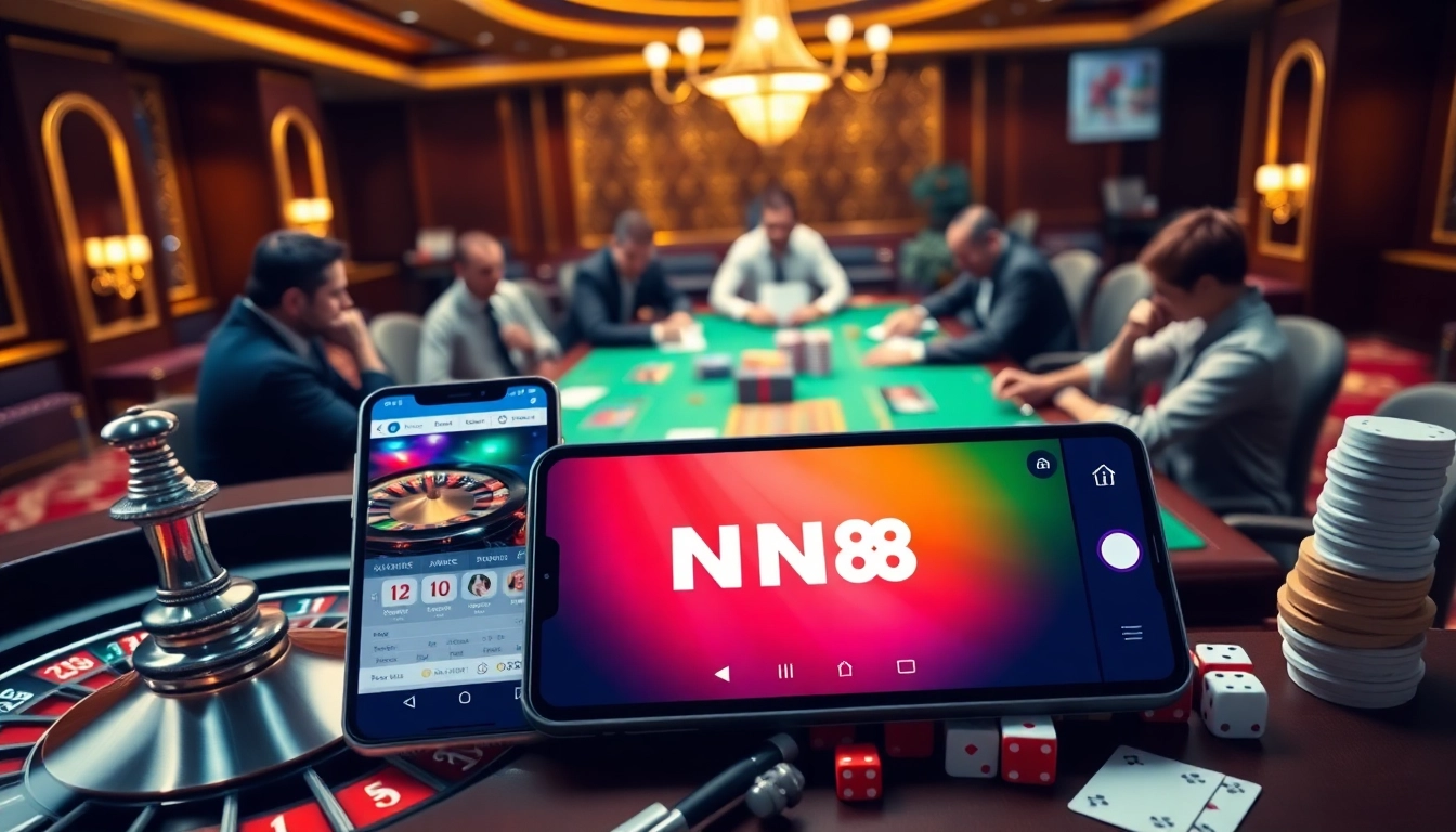 NK88 players enjoying a thrilling poker game with vibrant casino elements.