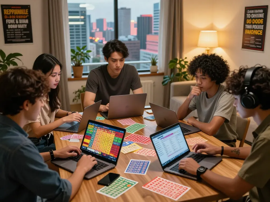 Engaged players strategizing for đánh lô đề online with colorful lottery tickets and digital interfaces in a warm home setting.
