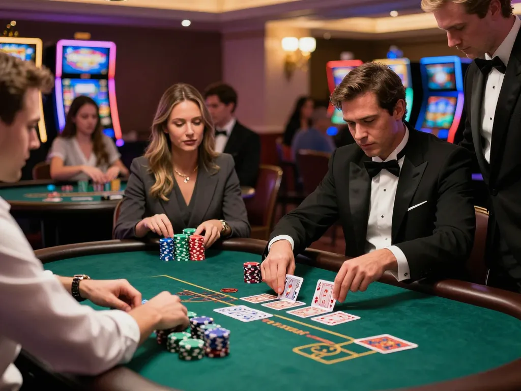 Players enjoying a thrilling blackjack game at https://s666hn.com/, showcasing strategy and excitement in a vibrant casino setting.