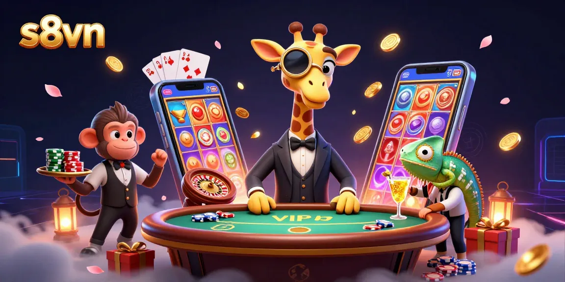 S8vn engraves excitement as a high-roller giraffe and friends enjoy a lively casino scene.