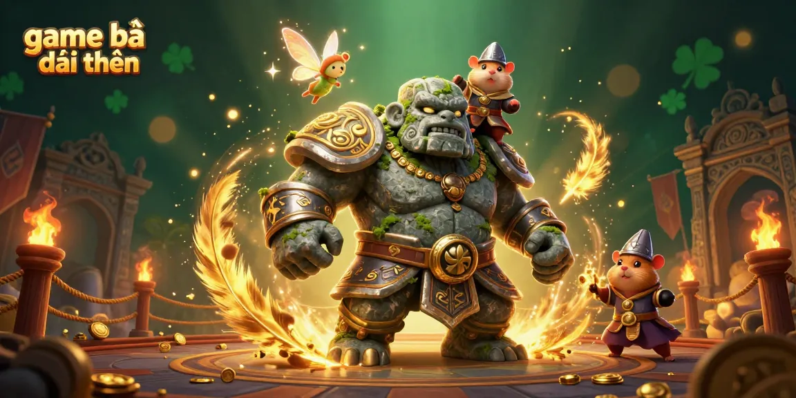 Engage in thrilling game bài đổi thưởng with an epic scene featuring a golem guardian and magical elements.