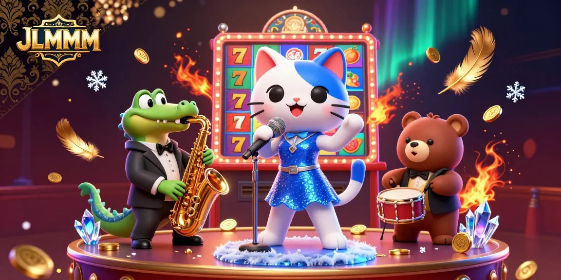 Experience the lively casino atmosphere with JLMMM featuring a jazzy cat, crocodile, and bear in a colorful setting.