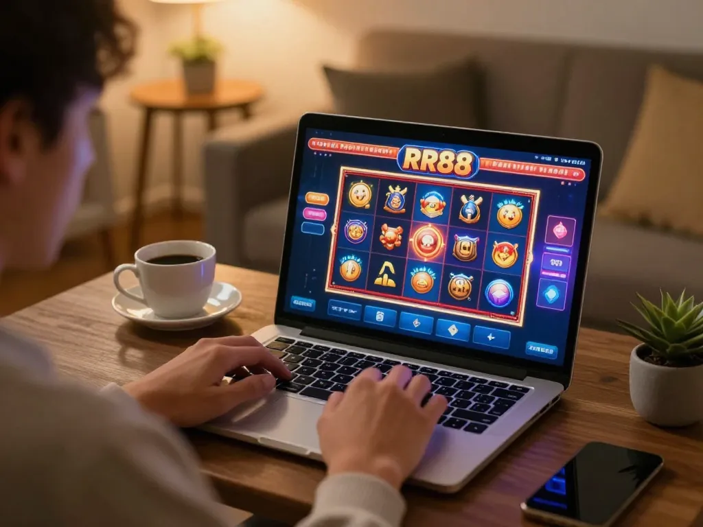 Play rr88 online slots at home, showcasing vibrant graphics and a cozy gaming setup.