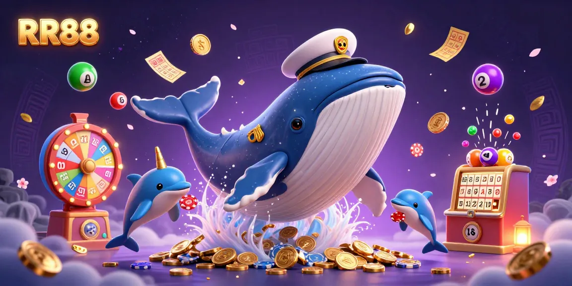 RR88 engages players in a thrilling 3D casino world featuring a whale bursting with coins amidst lottery elements and vibrant game symbols.
