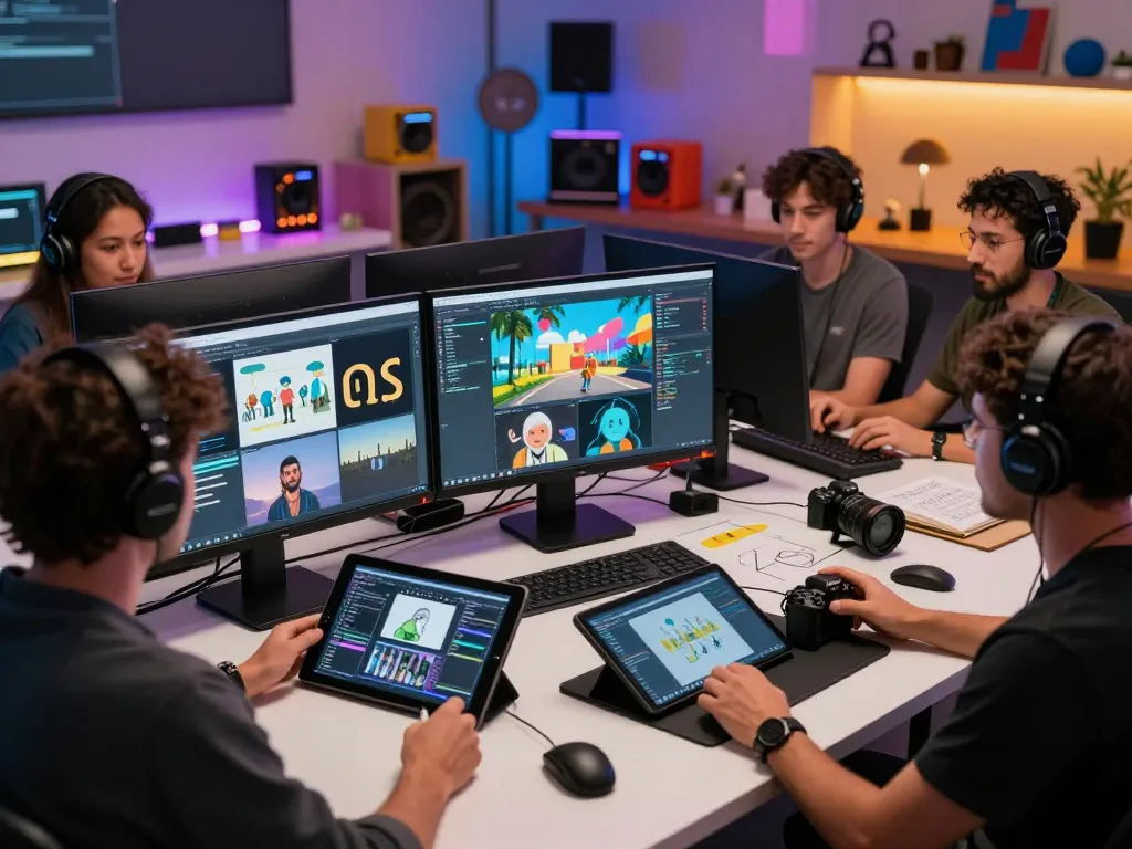 Creating AI-generated video content with seedance 2.0 in a vibrant studio.