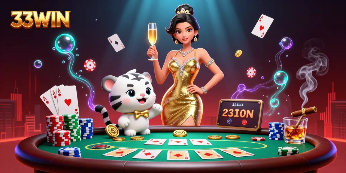 Experience strategy and excitement with 33WIN at an illustrated casino scene featuring games and luxury.