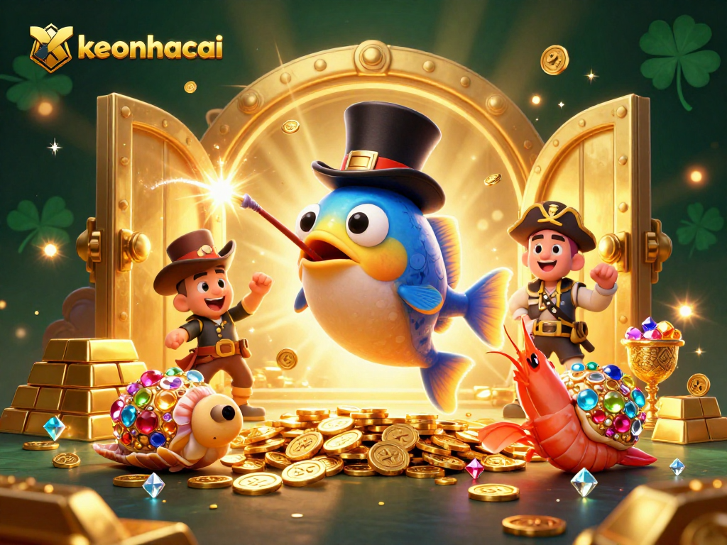 Join the adventure at keonhacai with an anglerfish, pirate shrimp, and a treasure snail surrounded by riches.