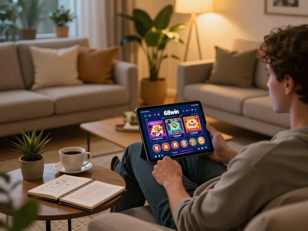 Engaging with the 68win casino app for online gaming in a cozy, stylish setting