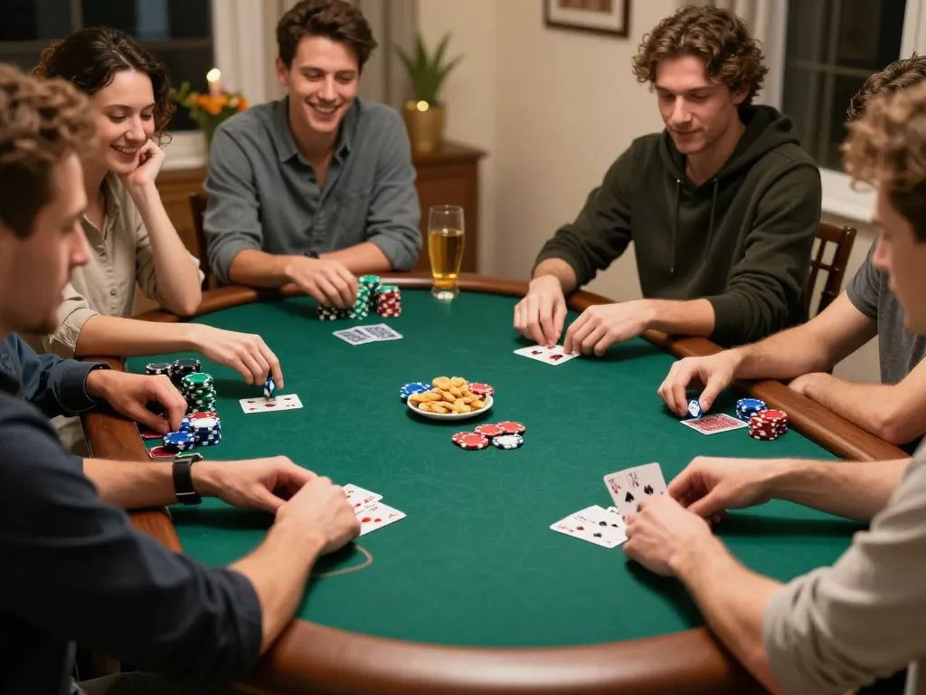 Players engaged in a lively home poker game showcasing strategy and excitement with 58win.