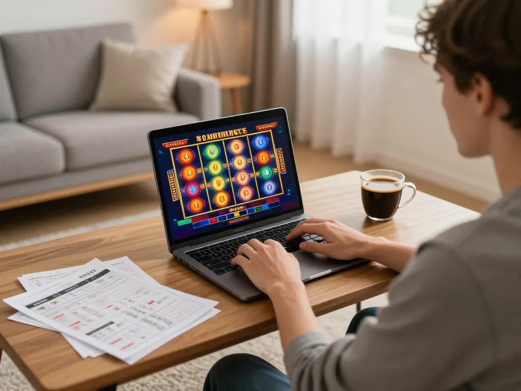 Engaged player at home using fb88 platform for exciting online slots.
