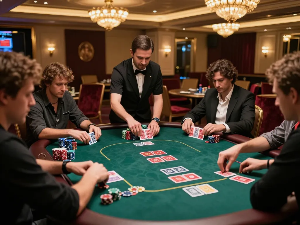 Players at dash88 engage in an intense poker game, showcasing chips and strategy in a luxurious casino setting.
