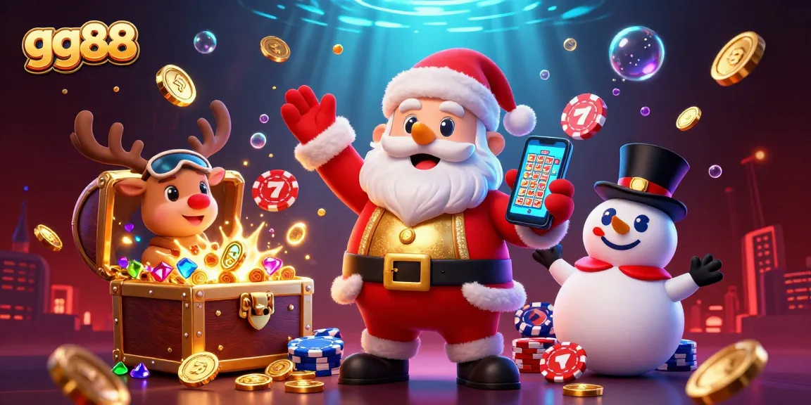 Experience thrilling wins at gg88 with Santa in a vibrant casino setting, featuring festive characters and exciting game elements.