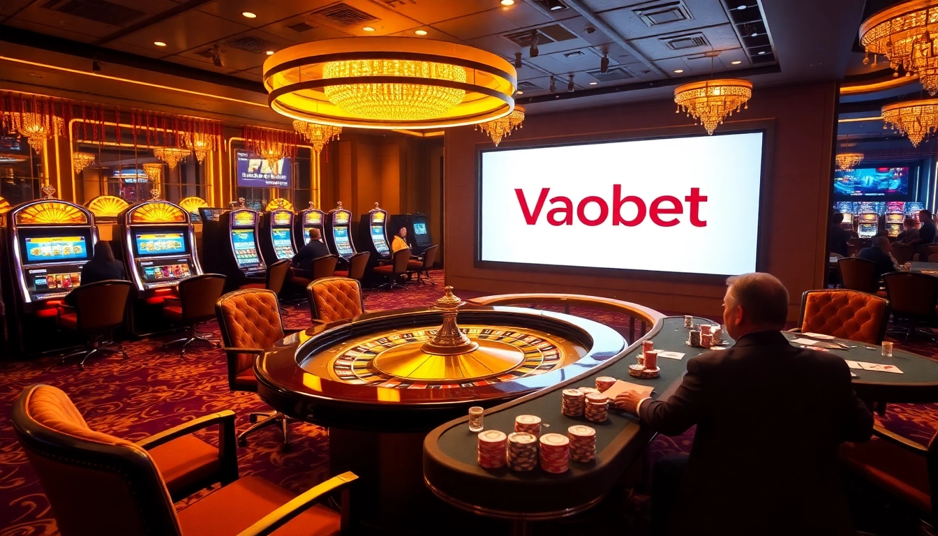 Players engaging in games at a luxury Vaobet casino with vibrant lights and excitement.