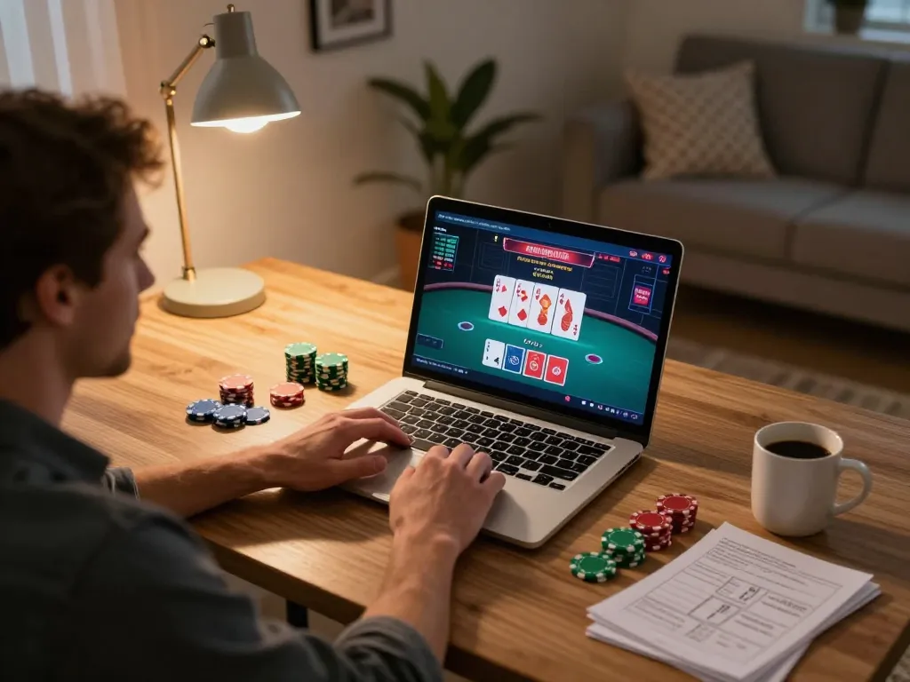 Player enjoying online gaming on KKWIN with poker interface displayed on laptop.