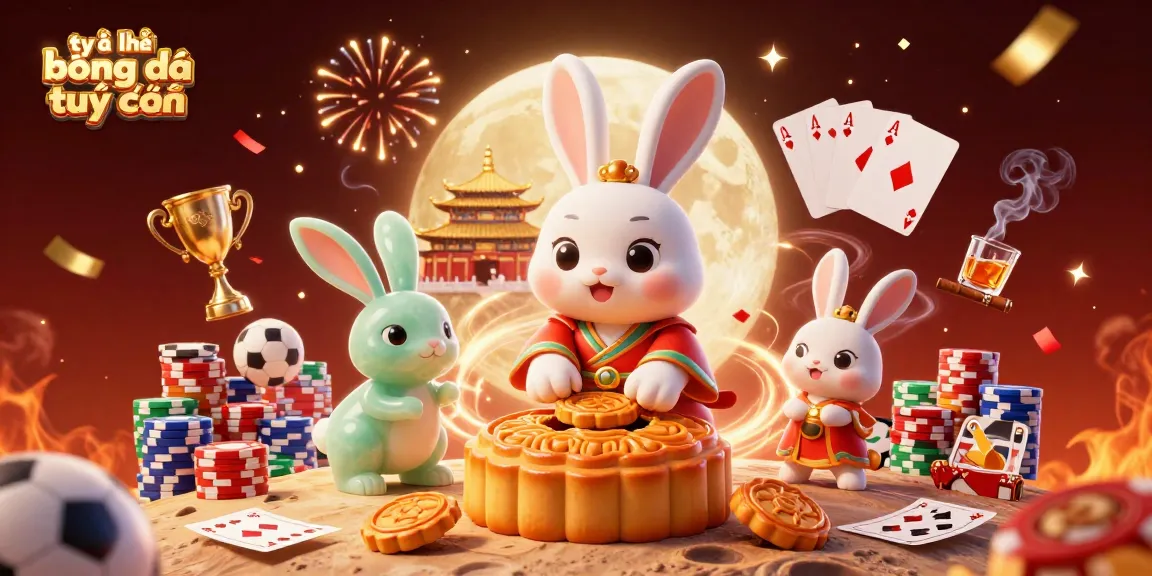 Bet and enjoy tỷ lệ bóng đá trực tuyến with sports-themed celebratory illustration featuring a moon rabbit and poker elements.