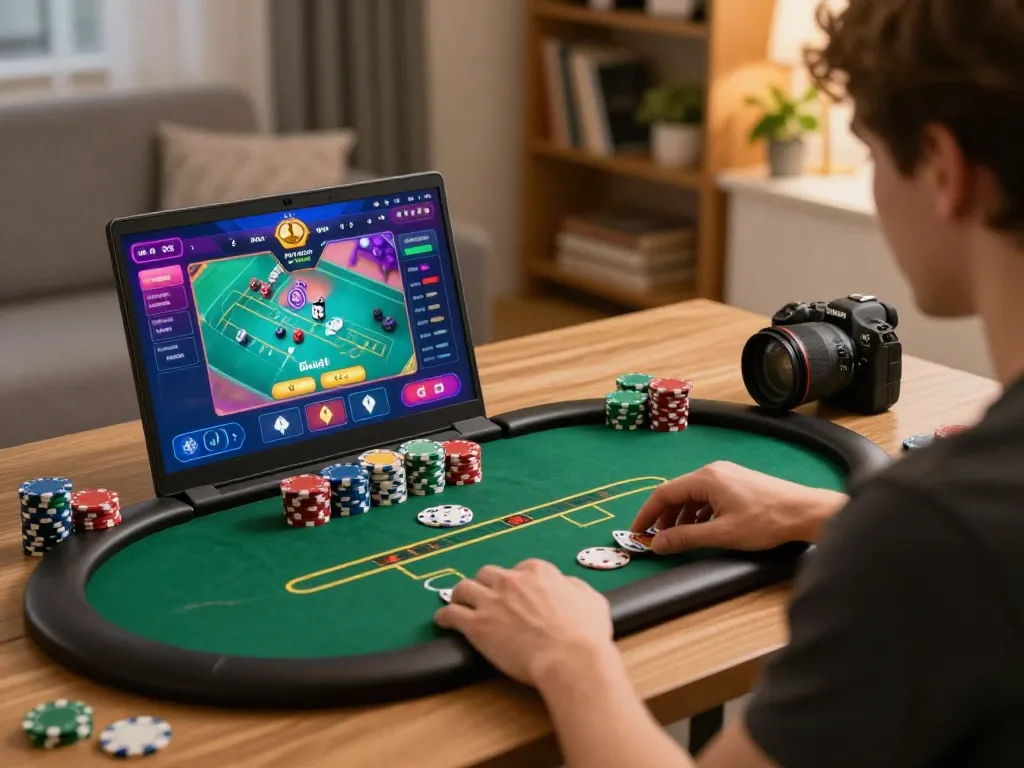 Hitclub user engaged in online poker, showcasing vibrant gaming interface and strategic setup