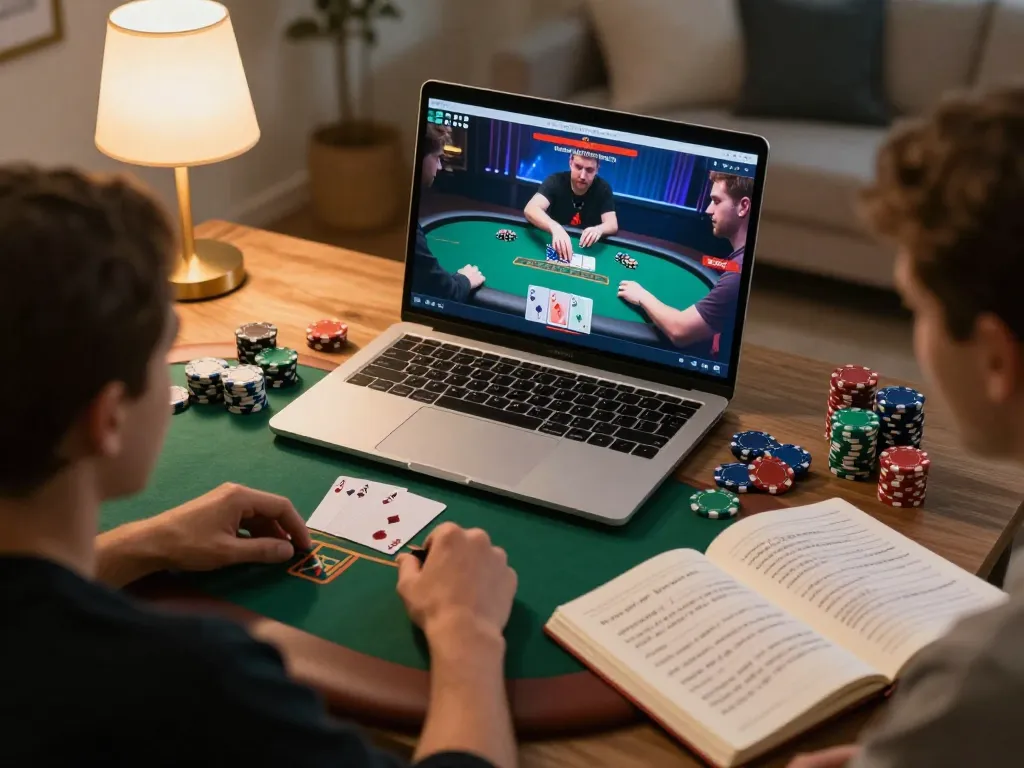 LUCK8 players strategizing during an exciting online poker game at home.
