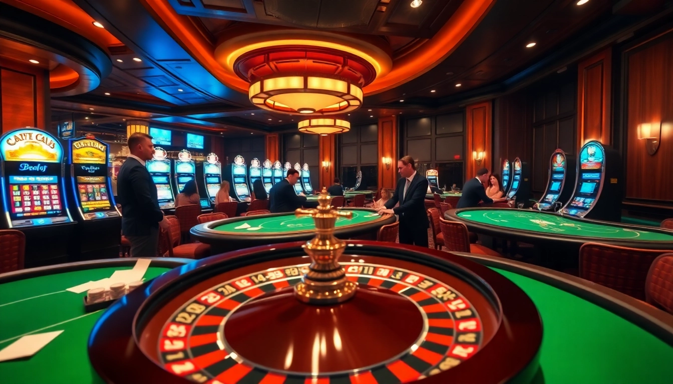 Experience the thrilling atmosphere of https://11win.mobi/ with an immersive casino scene featuring poker and slot games.