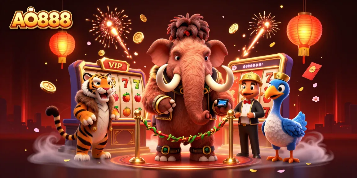 AO888 casino scene with a woolly mammoth, saber-tooth tiger, and dodo bird amid vibrant slot elements.