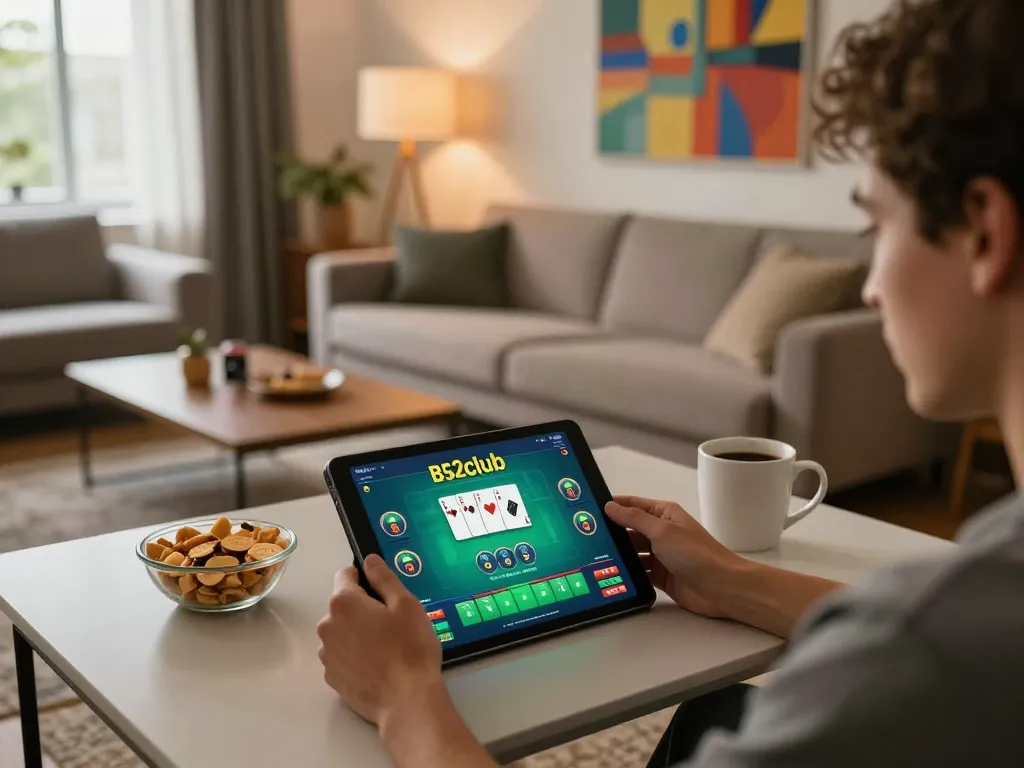 B52club user enjoying an online poker game on a tablet in a stylish home setting.