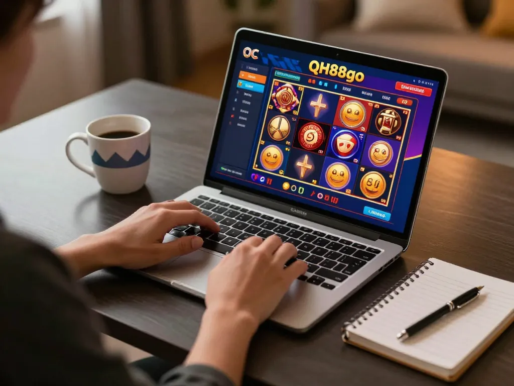 Person engaged in online gaming at QH88go, showcasing immersive slot game experience with cozy setup.