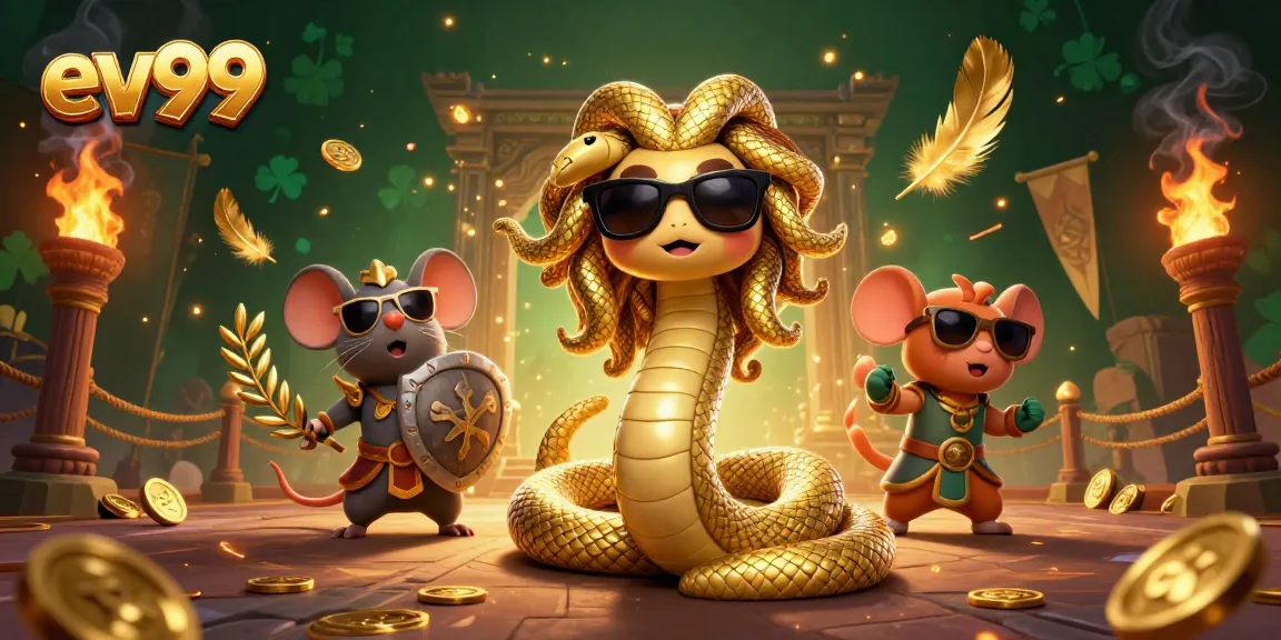 Engage with ev99 as Medusa and a warrior mouse navigate a dynamic casino scene.
