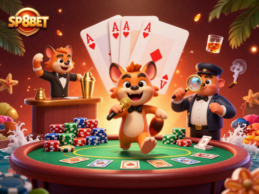 SP8BET showcases hyenas in a lively comedy casino scene, blending humor with poker action.