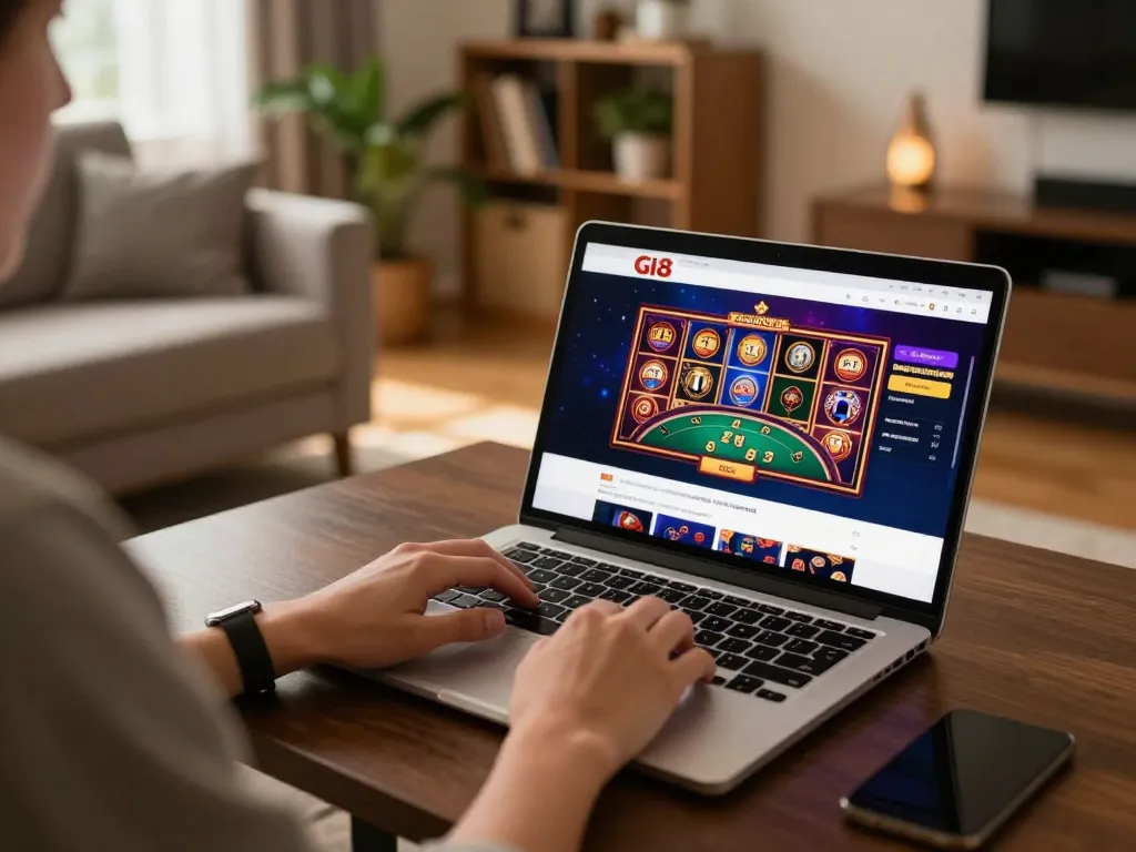 Person enjoying online casino gaming on GI8 platform at home, vibrant game screen visible