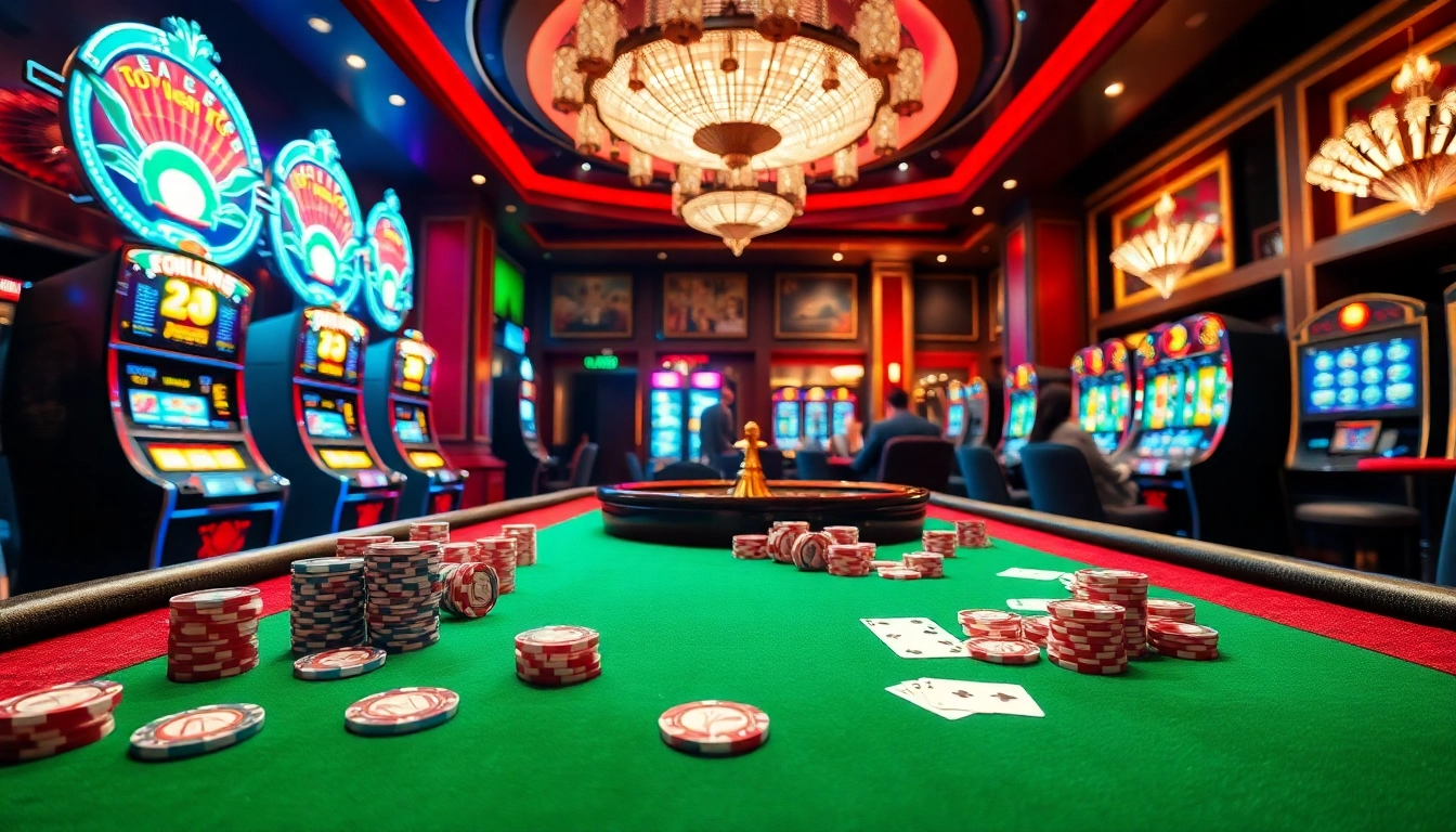 Players enjoying an exciting game at thabet com's luxurious casino table with vibrant poker chips and cards.